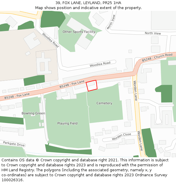 39, FOX LANE, LEYLAND, PR25 1HA: Location map and indicative extent of plot
