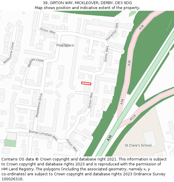 39, GIRTON WAY, MICKLEOVER, DERBY, DE3 9DG: Location map and indicative extent of plot