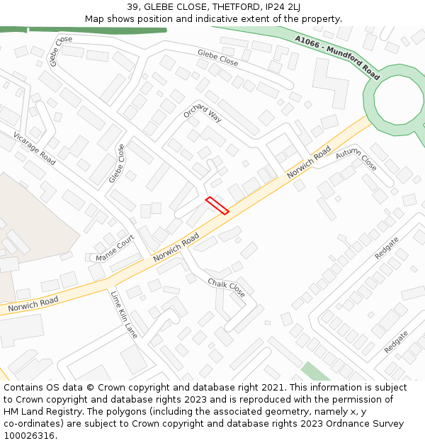 39, GLEBE CLOSE, THETFORD, IP24 2LJ: Location map and indicative extent of plot