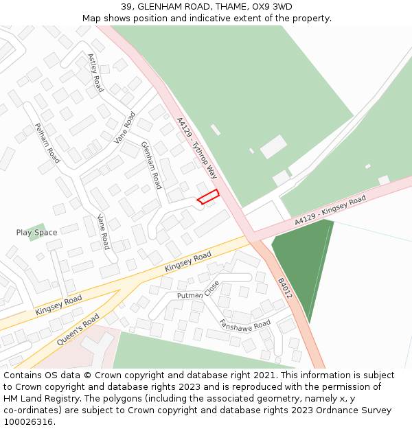 39, GLENHAM ROAD, THAME, OX9 3WD: Location map and indicative extent of plot