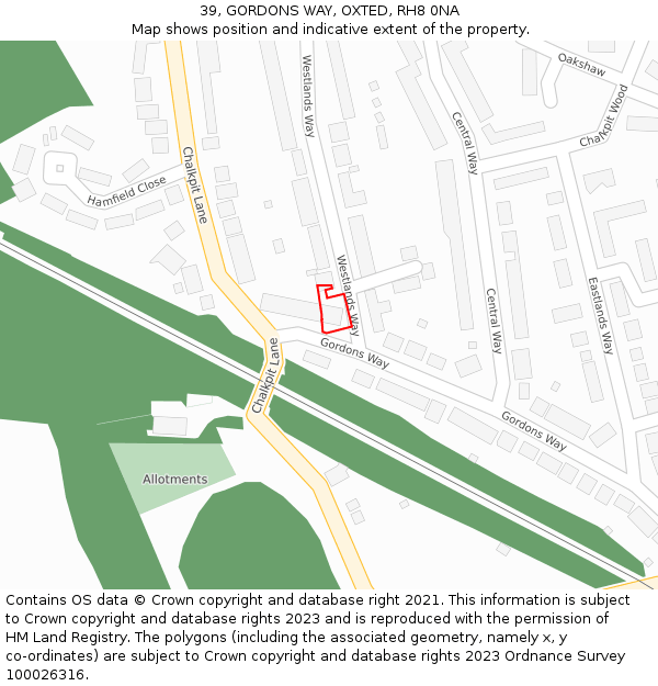 39, GORDONS WAY, OXTED, RH8 0NA: Location map and indicative extent of plot