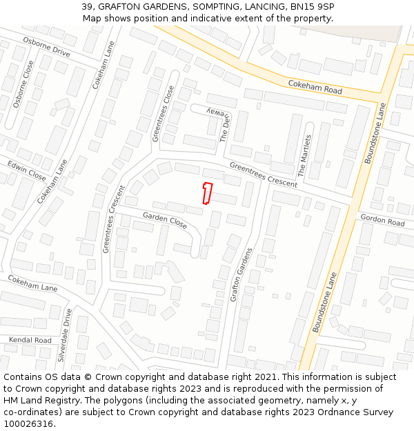 39, GRAFTON GARDENS, SOMPTING, LANCING, BN15 9SP: Location map and indicative extent of plot