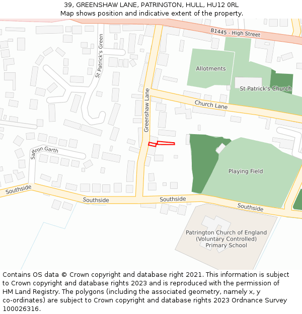 39, GREENSHAW LANE, PATRINGTON, HULL, HU12 0RL: Location map and indicative extent of plot