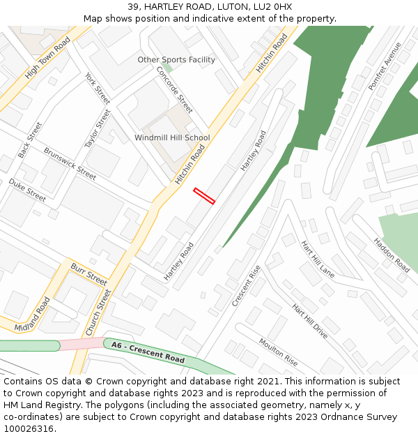 39, HARTLEY ROAD, LUTON, LU2 0HX: Location map and indicative extent of plot