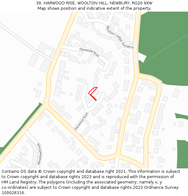 39, HARWOOD RISE, WOOLTON HILL, NEWBURY, RG20 9XW: Location map and indicative extent of plot