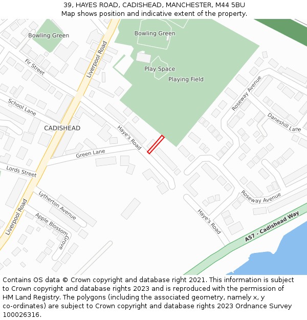 39, HAYES ROAD, CADISHEAD, MANCHESTER, M44 5BU: Location map and indicative extent of plot