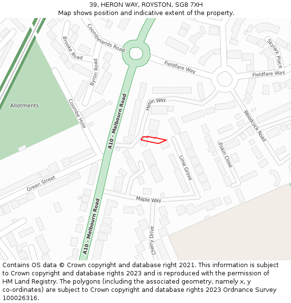39, HERON WAY, ROYSTON, SG8 7XH: Location map and indicative extent of plot