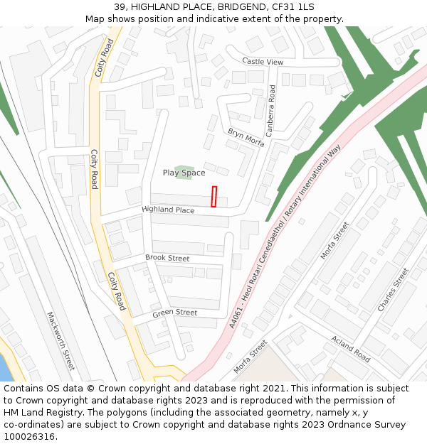 39, HIGHLAND PLACE, BRIDGEND, CF31 1LS: Location map and indicative extent of plot