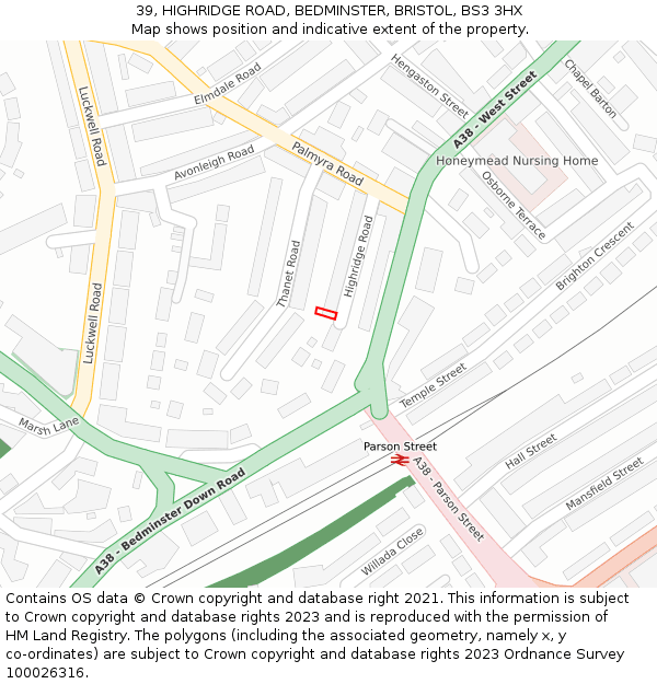 39, HIGHRIDGE ROAD, BEDMINSTER, BRISTOL, BS3 3HX: Location map and indicative extent of plot