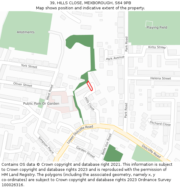 39, HILLS CLOSE, MEXBOROUGH, S64 9PB: Location map and indicative extent of plot