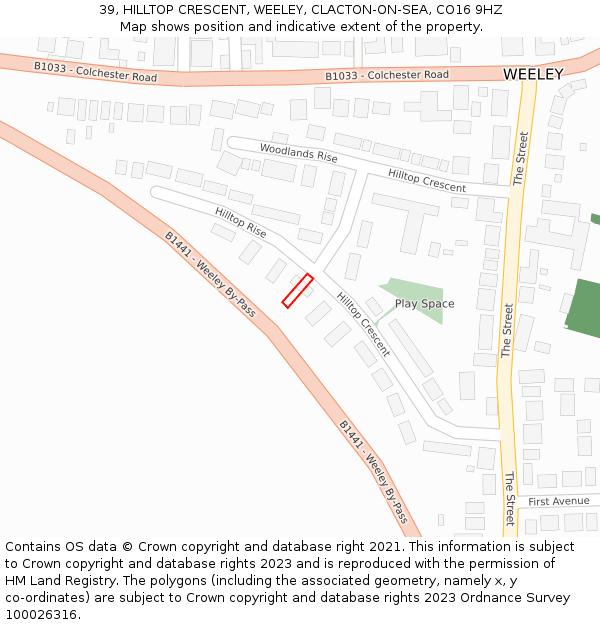 39, HILLTOP CRESCENT, WEELEY, CLACTON-ON-SEA, CO16 9HZ: Location map and indicative extent of plot