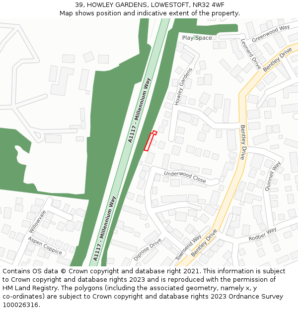 39, HOWLEY GARDENS, LOWESTOFT, NR32 4WF: Location map and indicative extent of plot