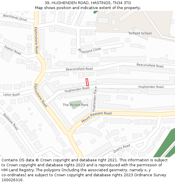 39, HUGHENDEN ROAD, HASTINGS, TN34 3TG: Location map and indicative extent of plot