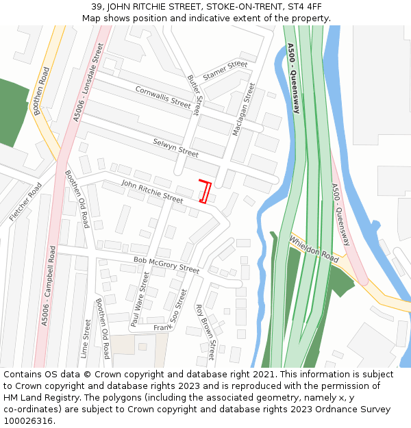 39, JOHN RITCHIE STREET, STOKE-ON-TRENT, ST4 4FF: Location map and indicative extent of plot