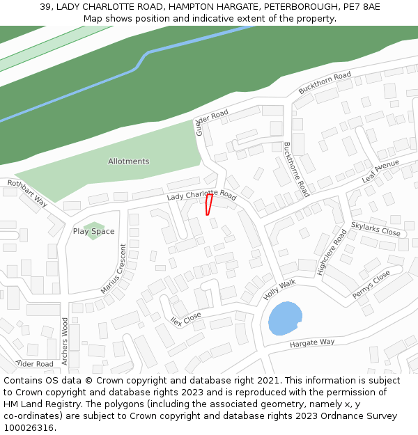 39, LADY CHARLOTTE ROAD, HAMPTON HARGATE, PETERBOROUGH, PE7 8AE: Location map and indicative extent of plot
