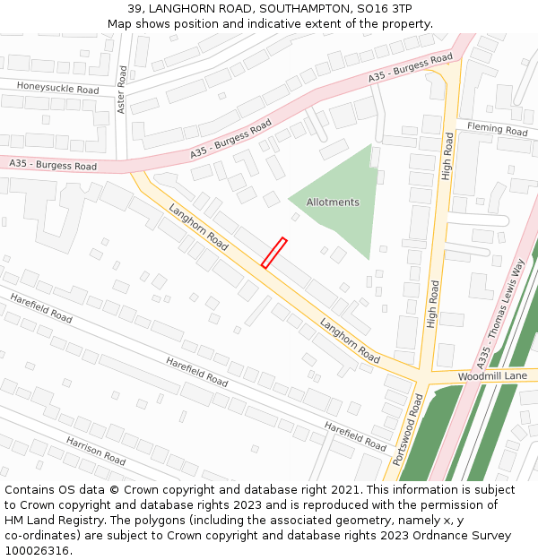 39, LANGHORN ROAD, SOUTHAMPTON, SO16 3TP: Location map and indicative extent of plot