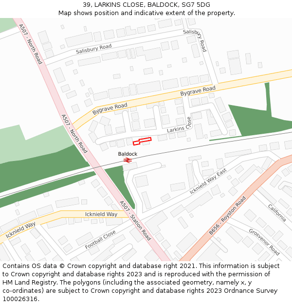 39, LARKINS CLOSE, BALDOCK, SG7 5DG: Location map and indicative extent of plot