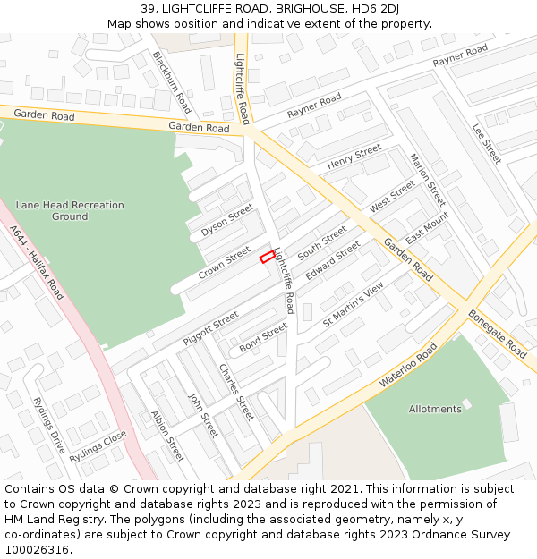 39, LIGHTCLIFFE ROAD, BRIGHOUSE, HD6 2DJ: Location map and indicative extent of plot