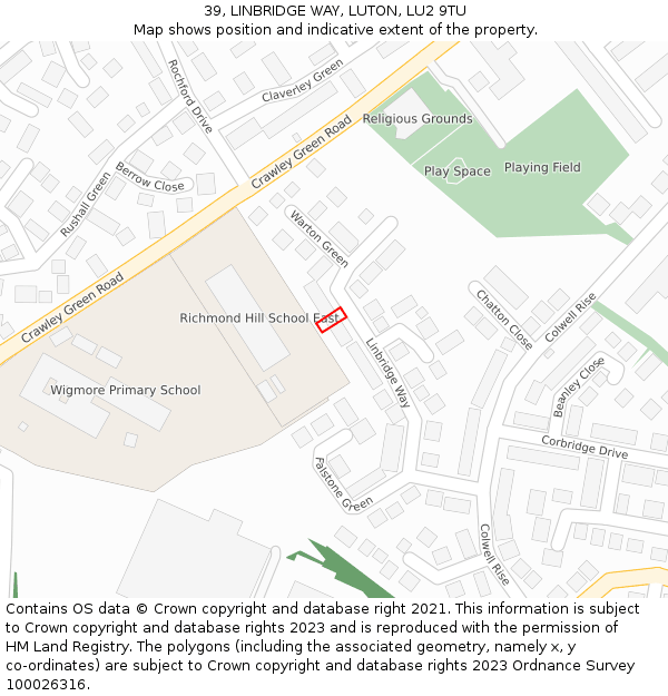 39, LINBRIDGE WAY, LUTON, LU2 9TU: Location map and indicative extent of plot