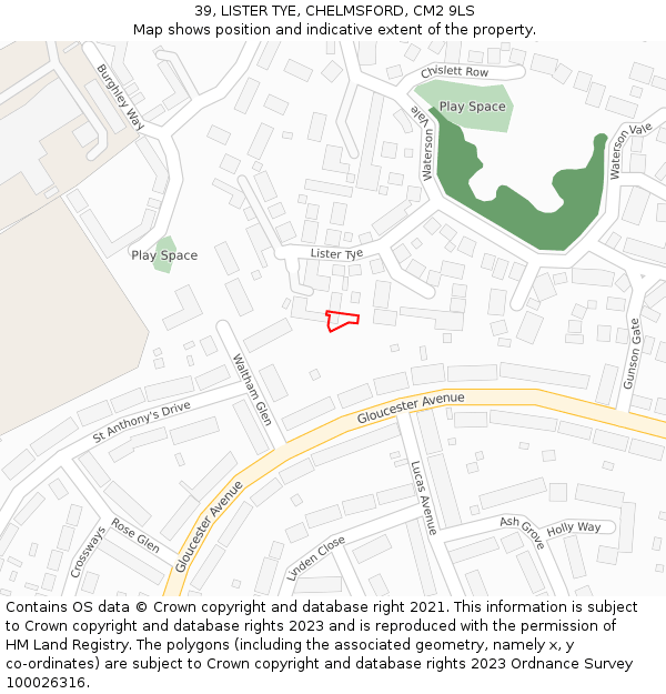 39, LISTER TYE, CHELMSFORD, CM2 9LS: Location map and indicative extent of plot