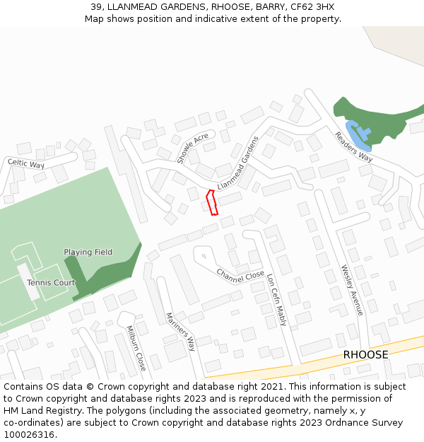 39, LLANMEAD GARDENS, RHOOSE, BARRY, CF62 3HX: Location map and indicative extent of plot