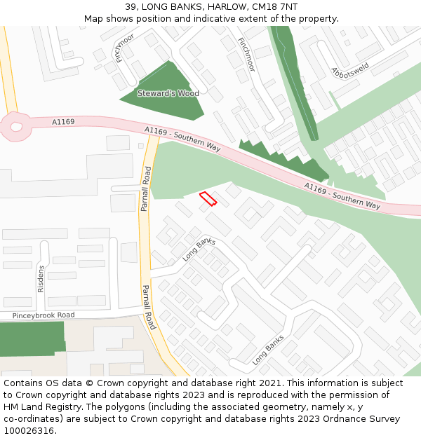 39, LONG BANKS, HARLOW, CM18 7NT: Location map and indicative extent of plot