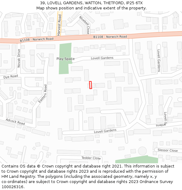 39, LOVELL GARDENS, WATTON, THETFORD, IP25 6TX: Location map and indicative extent of plot