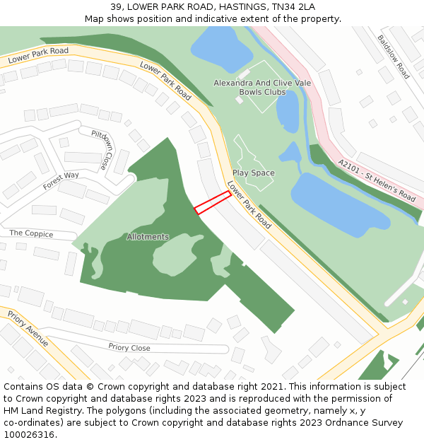 39, LOWER PARK ROAD, HASTINGS, TN34 2LA: Location map and indicative extent of plot