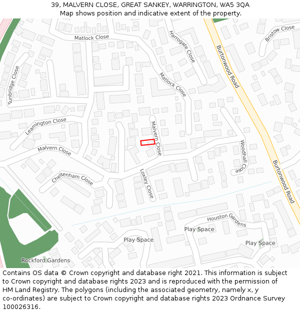 39, MALVERN CLOSE, GREAT SANKEY, WARRINGTON, WA5 3QA: Location map and indicative extent of plot