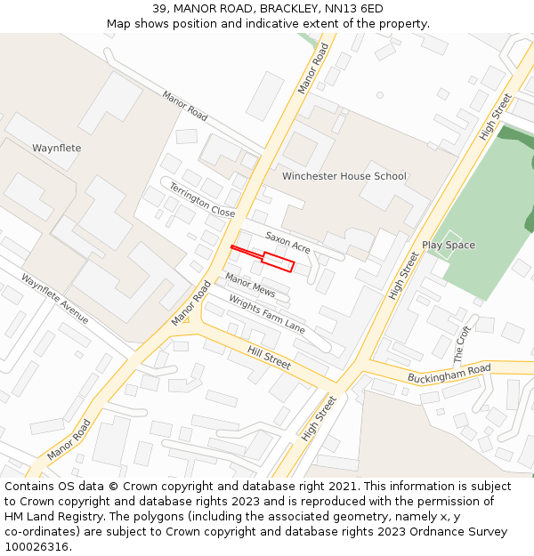 39, MANOR ROAD, BRACKLEY, NN13 6ED: Location map and indicative extent of plot