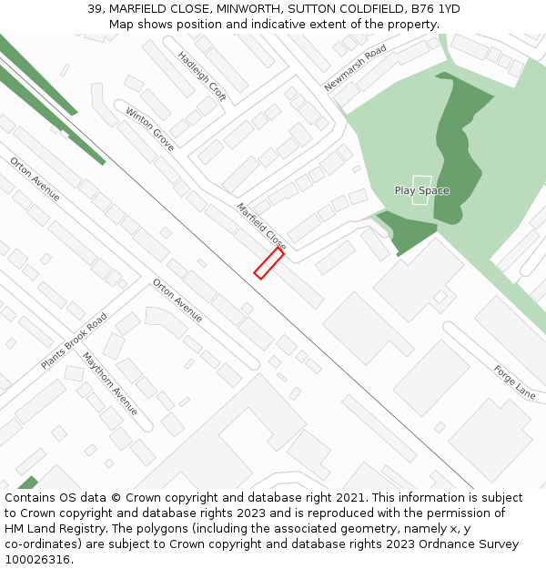 39, MARFIELD CLOSE, MINWORTH, SUTTON COLDFIELD, B76 1YD: Location map and indicative extent of plot