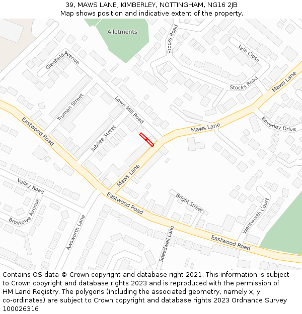 39, MAWS LANE, KIMBERLEY, NOTTINGHAM, NG16 2JB: Location map and indicative extent of plot