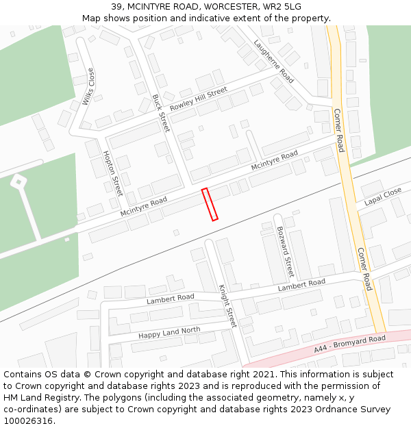 39, MCINTYRE ROAD, WORCESTER, WR2 5LG: Location map and indicative extent of plot