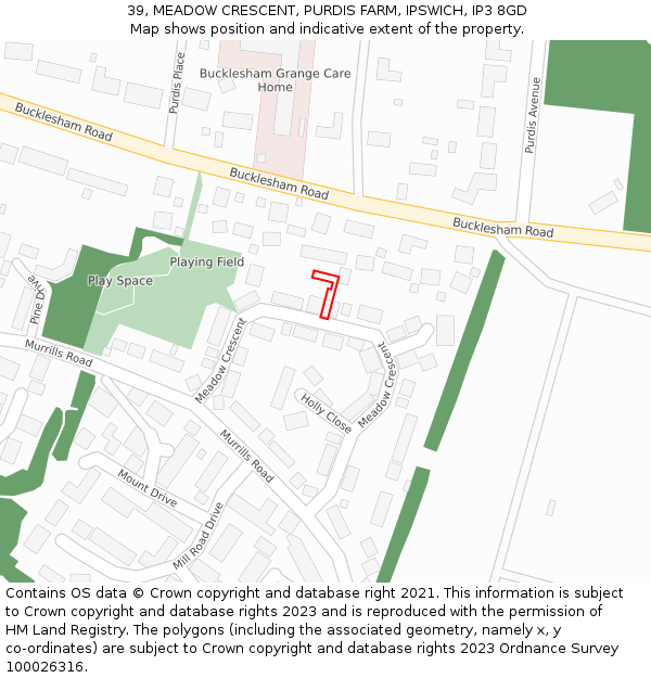 39, MEADOW CRESCENT, PURDIS FARM, IPSWICH, IP3 8GD: Location map and indicative extent of plot