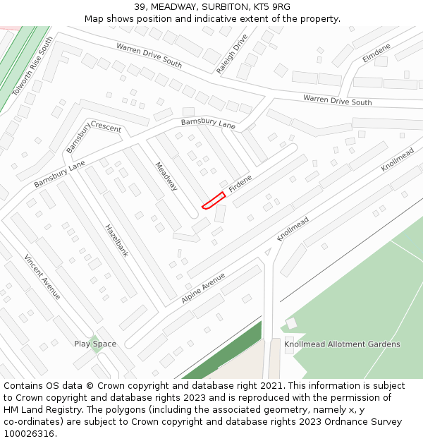 39, MEADWAY, SURBITON, KT5 9RG: Location map and indicative extent of plot