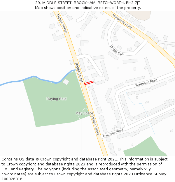39, MIDDLE STREET, BROCKHAM, BETCHWORTH, RH3 7JT: Location map and indicative extent of plot