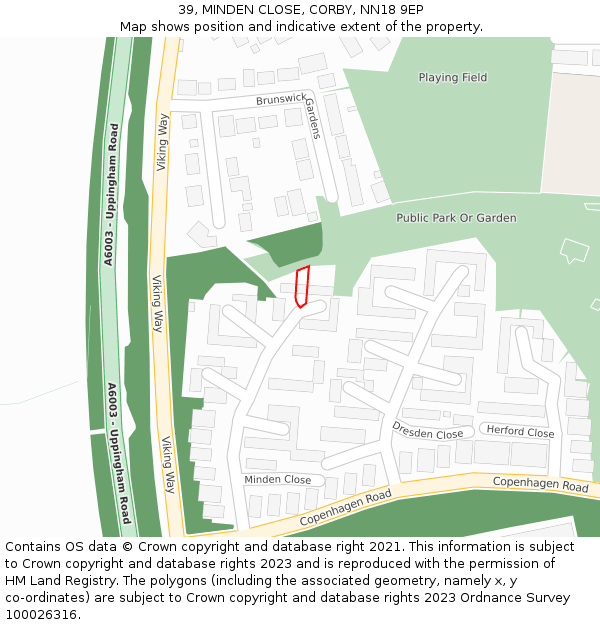 39, MINDEN CLOSE, CORBY, NN18 9EP: Location map and indicative extent of plot