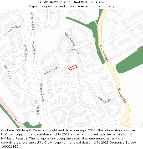 39, MONARCH CLOSE, HAVERHILL, CB9 9QW: Location map and indicative extent of plot