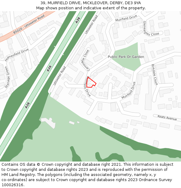39, MUIRFIELD DRIVE, MICKLEOVER, DERBY, DE3 9YA: Location map and indicative extent of plot