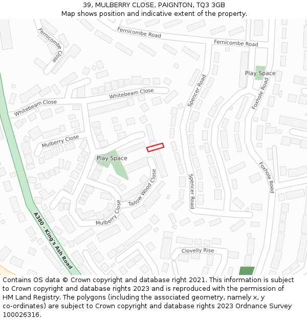 39, MULBERRY CLOSE, PAIGNTON, TQ3 3GB: Location map and indicative extent of plot