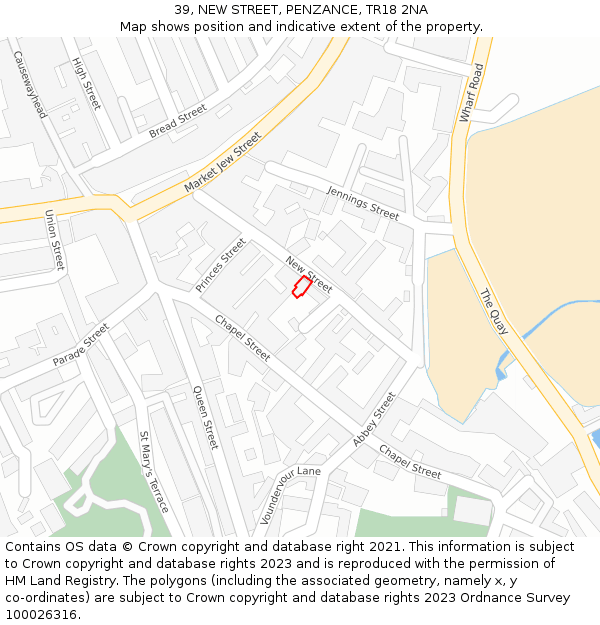 39, NEW STREET, PENZANCE, TR18 2NA: Location map and indicative extent of plot