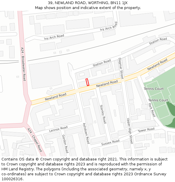 39, NEWLAND ROAD, WORTHING, BN11 1JX: Location map and indicative extent of plot