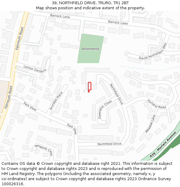 39, NORTHFIELD DRIVE, TRURO, TR1 2BT: Location map and indicative extent of plot