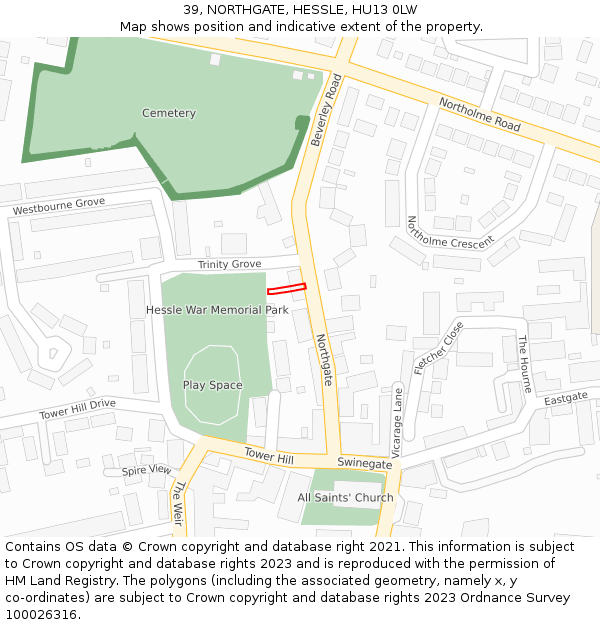 39, NORTHGATE, HESSLE, HU13 0LW: Location map and indicative extent of plot