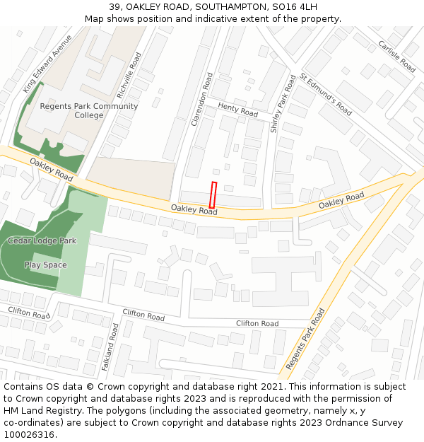 39, OAKLEY ROAD, SOUTHAMPTON, SO16 4LH: Location map and indicative extent of plot