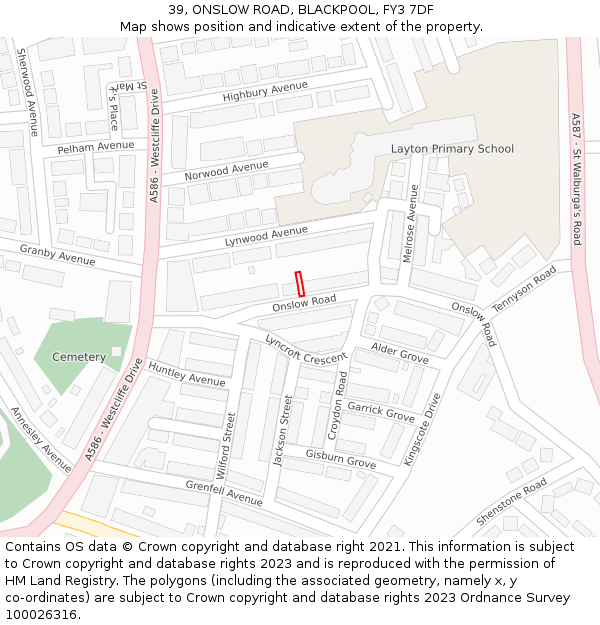 39, ONSLOW ROAD, BLACKPOOL, FY3 7DF: Location map and indicative extent of plot