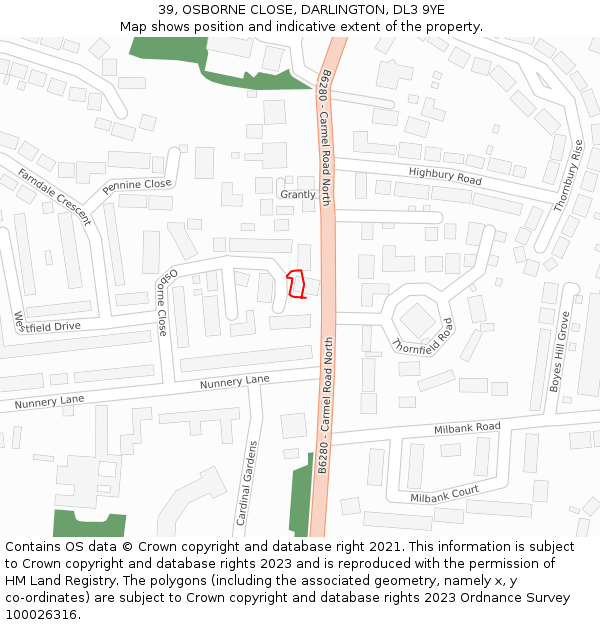 39, OSBORNE CLOSE, DARLINGTON, DL3 9YE: Location map and indicative extent of plot