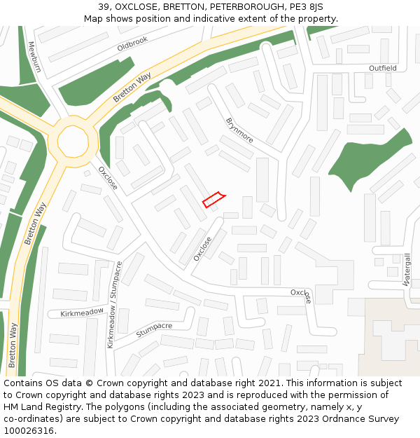 39, OXCLOSE, BRETTON, PETERBOROUGH, PE3 8JS: Location map and indicative extent of plot