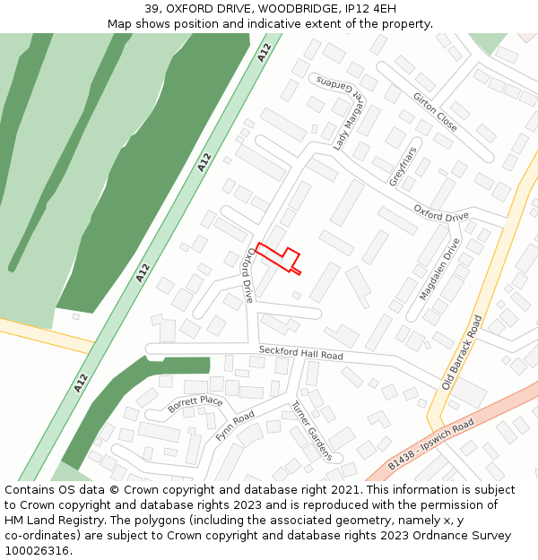 39, OXFORD DRIVE, WOODBRIDGE, IP12 4EH: Location map and indicative extent of plot