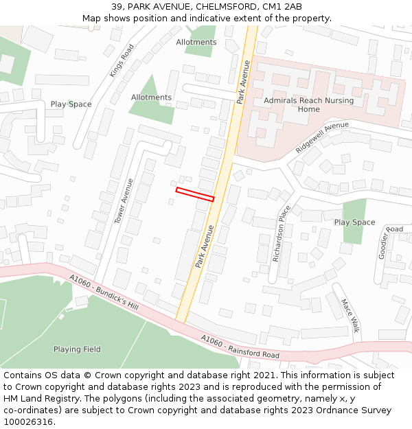 39, PARK AVENUE, CHELMSFORD, CM1 2AB: Location map and indicative extent of plot